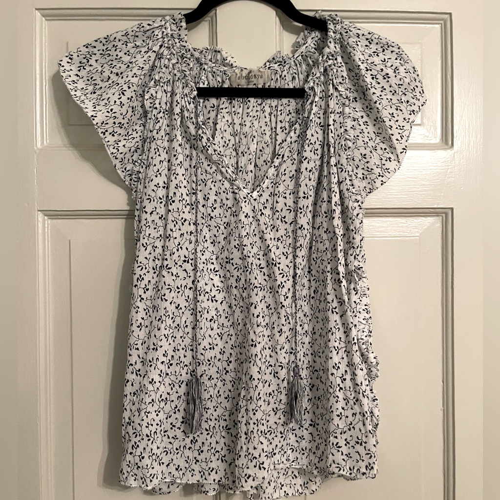 Sundays Black And White Flutter Sleeve Peasant Top